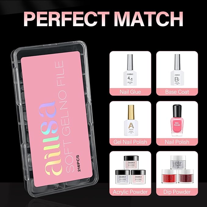 AILLSA Long Coffin Nail Tips Half Matte Full Cover Nails Tip Clear Acrylic Pre-Shaped Tips Flase Press on Nail Tips for Extentions Nails Manicure Salon DIY 216PCS 12 Sizes