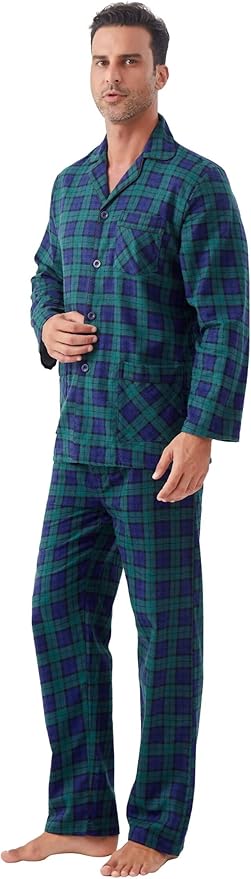 GLOBAL Men's Pajamas Sets 100% Cotton Flannel Sleepwear Long-Sleeve top & Bottom