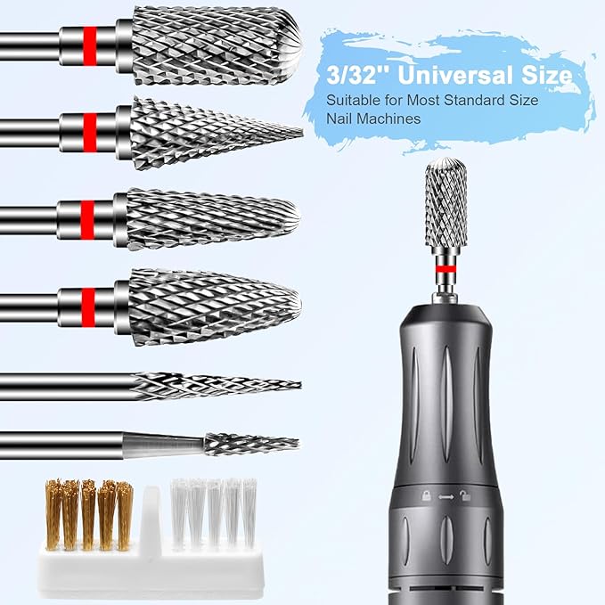 Diesisa 6 Pack Nail Drill Bits for Acrylic Nails, 3/32"" Shank Drill Bits for Nails, Professional Electric Cuticle Bit for Nail Drill, Cuticle Cleaner Nail Gel Polish Remover Tool for Home Salon-Red