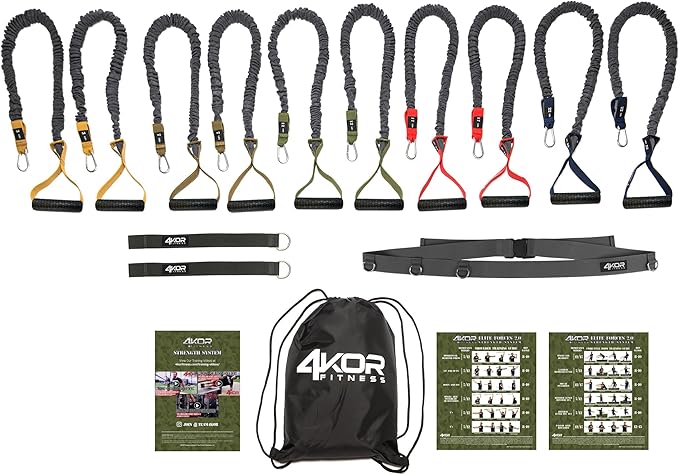 4KOR Cross Anchor Shoulder Performance Training System. Resistance Cords with Handles and Dynamic Workout Guide. Exercise Bands with Nylon Sleeves, Rubber Grips, and Carry Bag for Rehab and Strength
