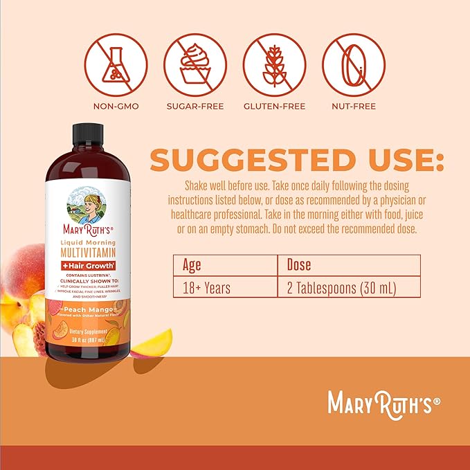 MaryRuth Organics Liquid Multivitamin+Hair Growth | Clinically Tested for Thicker Hair & Facial Wrinkles in Women | Biotin 10000mcg | Lustriva Hair Growth Supplement | Skin Care | Age 18+ | 30 Fl Oz