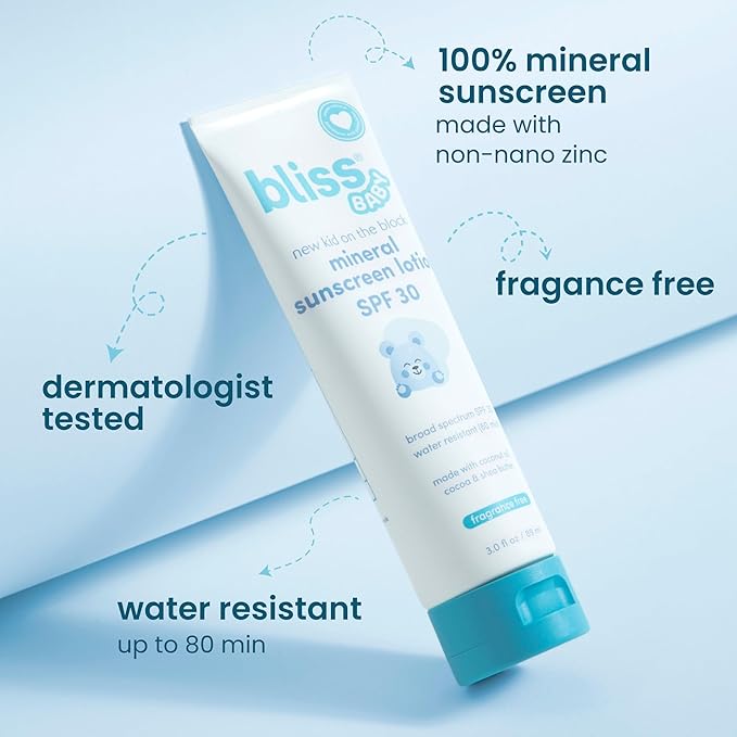 Bliss Baby Sunscreen, Premium SPF 30 Sunscreen Mineral Lotion, Natural Zinc Oxide, Hypoallergenic, Non-toxic, Water-Resistant, Vegan, Sensitive Skin - For Babies, Toddlers, Kids & Whole Family
