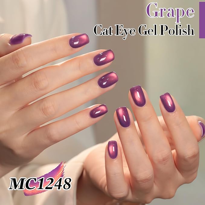 Double Rhythm 0.5 OZ Cat Eye Gel Polish with Magnet 15ML Holographic Glitter Shimmer Translucent Jelly Color Magnetic Nail Polish Salon DIY at Home (Drak Purple-MC1248)