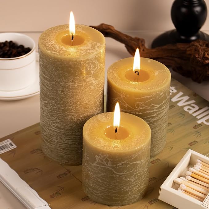 KONNI Wax Yellow Pillar Candles Set of 3, 3"x 3" Unscented Pillar Candles Bulk, 30 Hours Long Burning Candles, Smokeless&Dripless Large Round Candle for Wedding, Home Decoration, Parties, Spas, Dinner