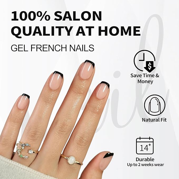 Black French Tip Press on Nails Square - Soft Gel Press on Nails Short, Fit Perfectly & Natural Stick on Nails with Glue in 16 Sizes - 32 Reusable Fake Nails for Women Gift, Black French
