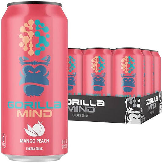 Gorilla Mind Energy Drink | Unmatched Energy · Amplified Focus | N-Acetyl-L-Tyrosine, Alpha-GPC, 200mg Caffeine, Uridine, Saffron | 0 Sugar Or Artificial Colors | 16oz, 12-Pack (Mango Peach)