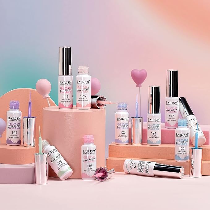 RARJSM Glow in The Dark Nail Art Gel Liner 12 Soft Pastel Colors Neon Green Blue Purple Pink Painting Luminous Polish Set UV LED Curing Requires Thin Brush for Swirl Nails Design