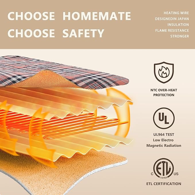 Homemate Electric Blanket Heated Queen Size - 84“x90“ Ultra Soft Cozy Flannel Heating Blanket with 10 Fast Heat Levels 8 Hours Auto Off Over-Heated Protection ETL Certification Keep Warm in Home