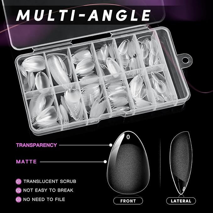 krofaue Almond Nail Tips 240pcs - Half Matte Short Press On Nails, 12 Sizes Pre-Shaped Extra Short Clear Tips for Full Cover Nail Extensions DIY