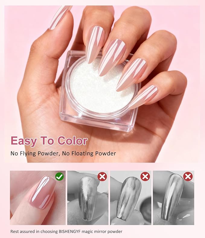 Gold Chrome Nail Powder - Sparkly Laser Holographic Nail Powder Metallic Mirror Effect Ice Blue Nail Chrome POwder, White Pearl Pigment Holo Iridescent Glitter Dust Kit, Nail Art Decoration