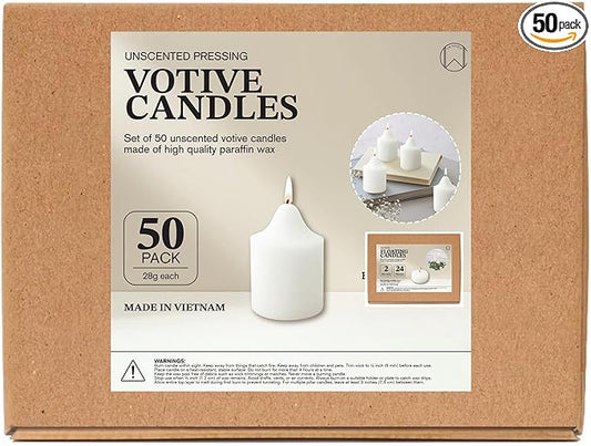 CW Studio Unscented Pressing Votive Candles – Long Hours Burn, Smokeless & Dripless – Premium Wax with Cotton Wick – Perfect for Weddings, Events, Home & Romantic Décor (50, White, 1.5x1.3 inches)