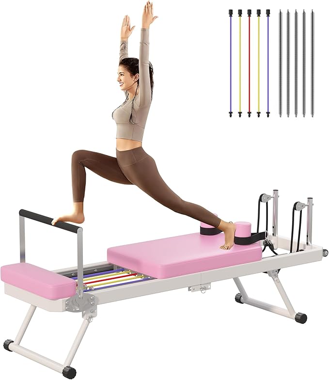 DlandHome Pilates Reformer, Foldable Pilates Reformer Machine with Springs & Resistance, Suitable for Advanced and Beginners Users Adjustable Pilates Equipment for Full-Body Home Workout Up to 330 lbs