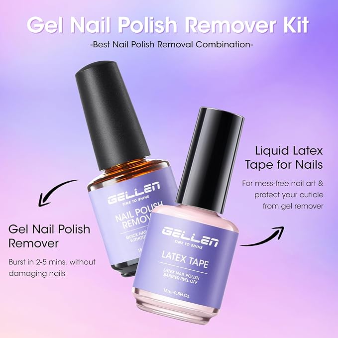 Gellen Gel Polish Remover Kit for Nails, Gel Nail Polish Remover 3-5 Minutes Removal, Pink Liquid Latex Tape Easy to Peel Off, with Manicure Tools