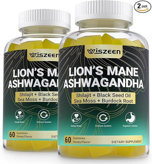 Ashwagandha Lions Mane Gummies, Ashwagandha Lion's Mane Supplement Shilajit Gummies with Shilajit, Sea Moss, Black Seed Oil for Adults - Energy, Cognitive & Immune Support