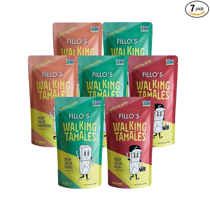 Fillo's Walking Tamales, Savory Variety Pack of 7, Ready-to-Eat Meals, Delicious, Gluten-Free, Preservative-Free, Vegan Friendly, Microwavable, Non-GMO (3 Salsa Verde, 2 Salsa Roja, 2 Habanero)