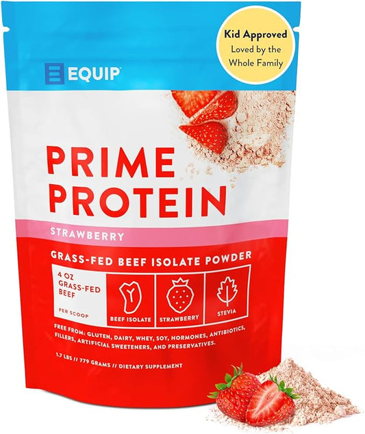 Equip Foods Prime Protein Powder | Clean, Grass Fed Beef Protein Powder | Carnivore Protein Isolate | Paleo, Keto Friendly | Gluten & Dairy Free | Helps Build & Repair Tissue | 30 Servings, Strawberry