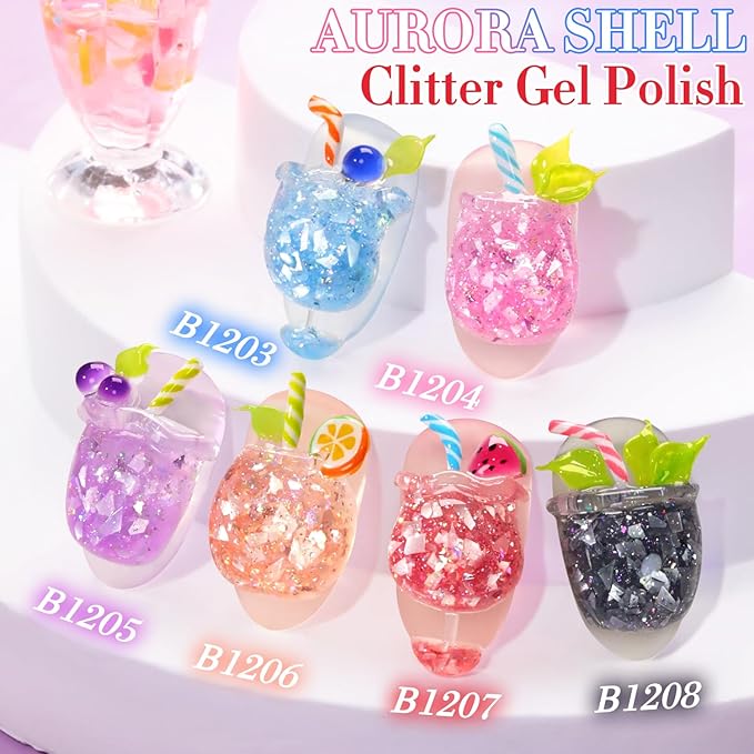 Double Rhythm 0.5 Oz Glitter Gel Polish Set of 6 Color with Display Borad 15 ml Full Size Kit Shimmer Reflective Sparkle Soak Off Manicure Salon DIY at Home (Black Red Pink Blue Orange Purple-T6-55)