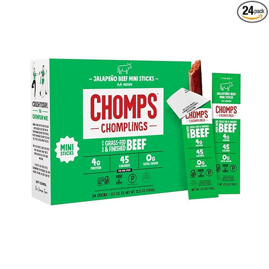 Chomps Snack Size Grass-Fed and Finished Jalapeño Beef Jerky Snack Sticks 0.5oz 24-Pack - Keto, Paleo, Whole30, 4g Lean Meat Protein, Gluten-Free, Zero Sugar Food, Non-GMO Chomplings