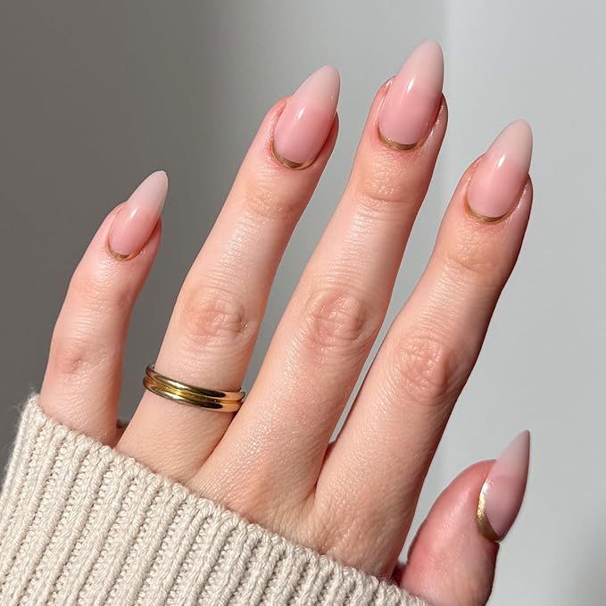 Glamnetic Press On Nails - Goal Getter | Medium Almond Fake Nails and Neutral Gold Reverse French Tip, Salon Quality | 15 Sizes - 30 Nail Kit Wtih Glue