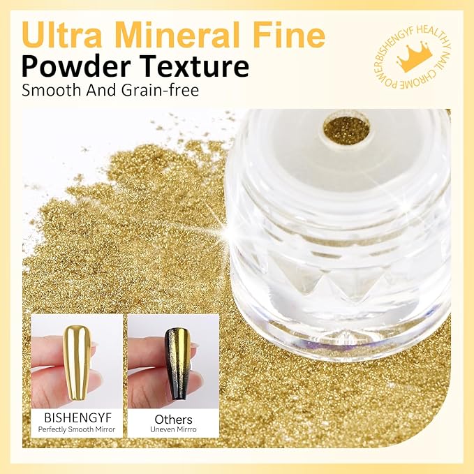 Gold Chrome Nail Powder BISHENGYF: 1g Metallic Mirror Effect Chrome Powder for Nails Manicure Decoration Reflective Pigment Gold Nail Powder for Nail Art Gel Polish Home DIY,Gifts