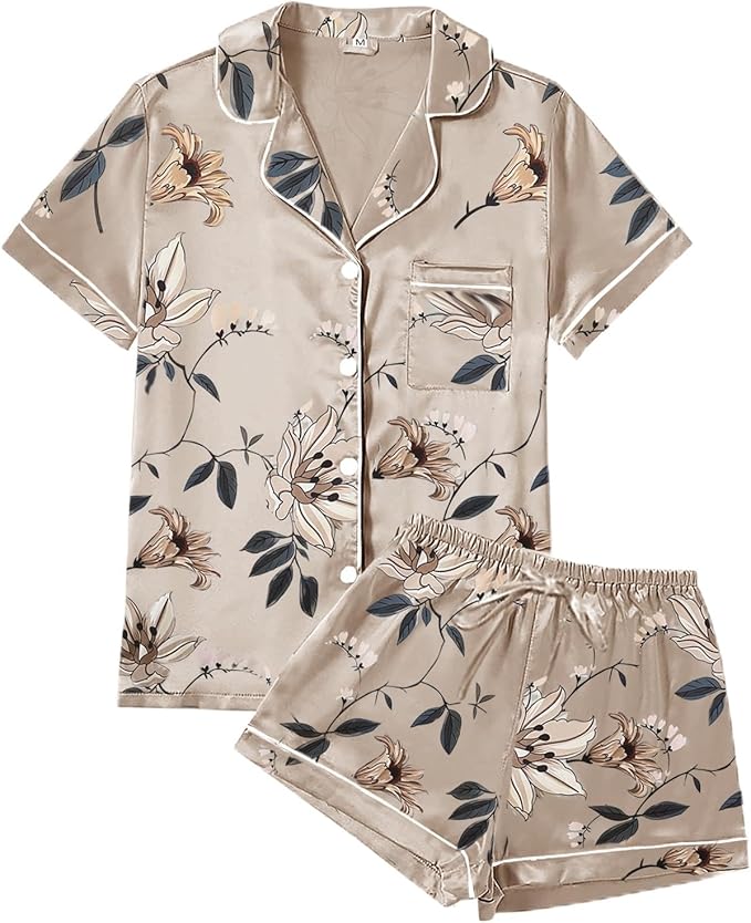 4Pcs Womens Satin Silky Pajama Sets Short Sleeve Shirt XS-4XL Floral Pajamas Set Soft PJ Loungewear Sleepwear