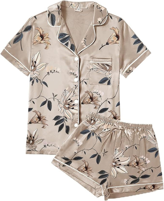 4Pcs Womens Satin Silky Pajama Sets Short Sleeve Shirt XS-4XL Floral Pajamas Set Soft PJ Loungewear Sleepwear