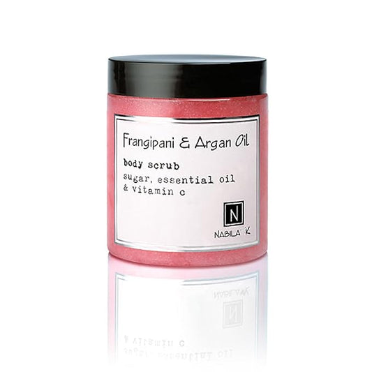 Frangipani & Argan Oil Body Scrub Made in USA with Essential Oil and Vitamin C by Nabila K - Exfoliate and Moisturize for Smooth Skin - Luxury for Women & Men, 10 oz