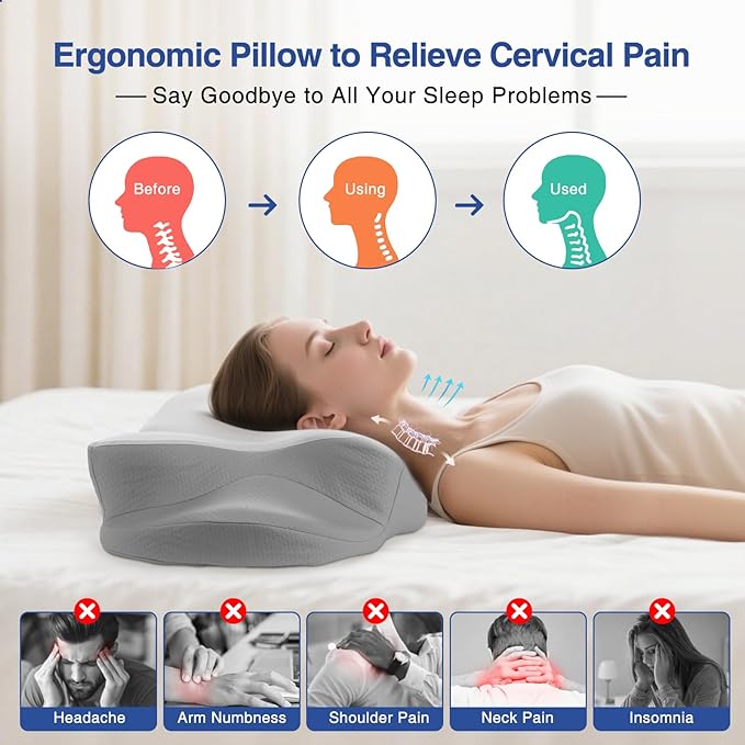 Cervical Pillow for Neck Pain Relief - Ergonomic Neck Pillow with Ice Silk Pillowcase, Cooling Memory Foam Pillows for Side Back Stomach Sleepers