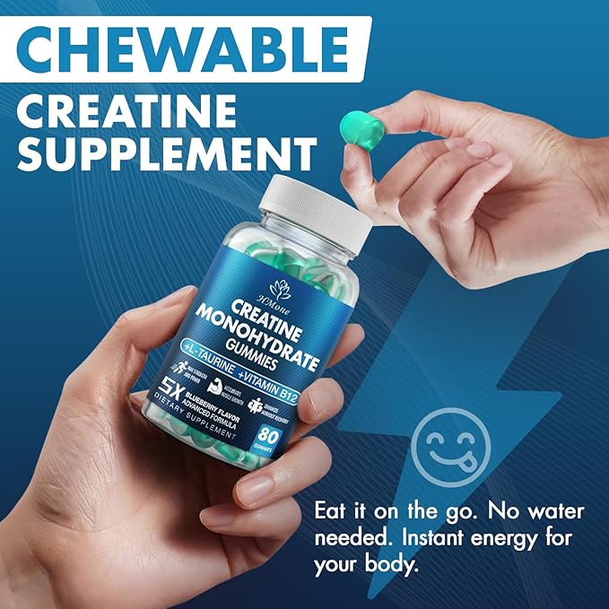 Creatine Monohydrate Gummies - 5g for Men & Women, 160 Count and Creatine Chewable Supplements for Muscle Gain, Muscle Strength, Energy Boost, and Muscle Builder, Sugar Free, Vegan (Blueberry)