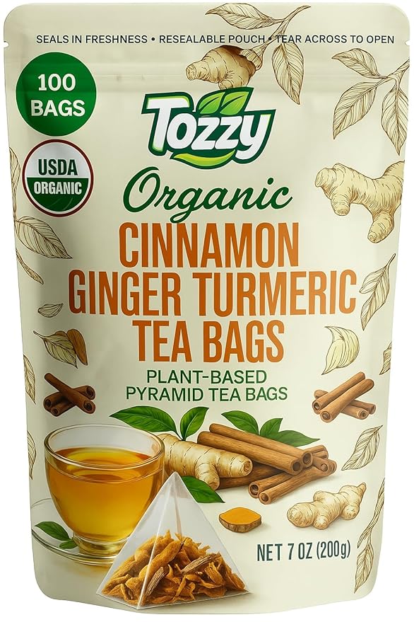 Tozzy Organic Turmeric, Ginger & Cinnamon Tea – 100 Count, Plant-Based Pyramid Tea Bags