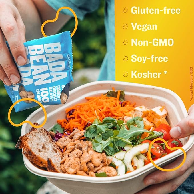 Enlightened Bada Bean Bada Boom - Plant-Based Protein, Gluten Free, Vegan, Crunchy Roasted Broad (Fava) Bean Snacks, 100 Calories per Serving, Saucy Box, 1 Oz (Pack of 24)