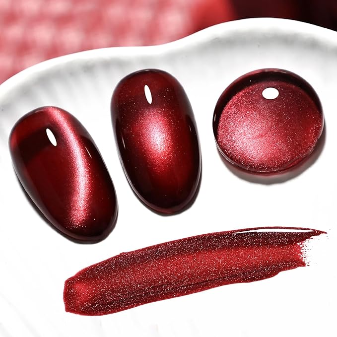 JODSONE 16.5ml Red Cat Eye Gel Nail Polish,Glitter Burgundy Red Cat Eye Magnetic Reflective Translucent Need U V Curing at Home Salon Design