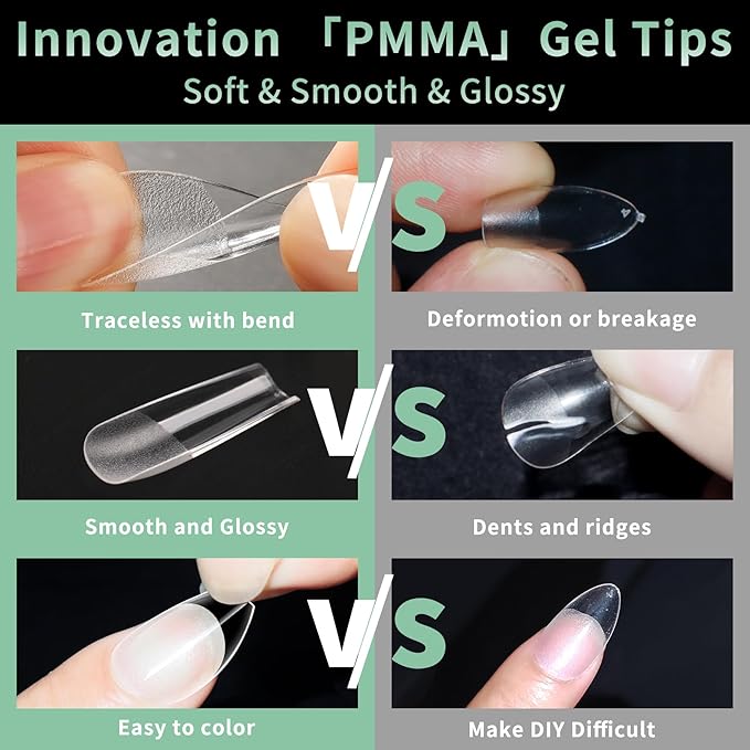 Long Square Nail Tips, 216pcs Acrylic Fake Nails Gel Nail Tips Soft, Full Cover Pre-Shaped Matte Clear Press on Nails for Extension, Diy at Home Manicure 10 Sizes