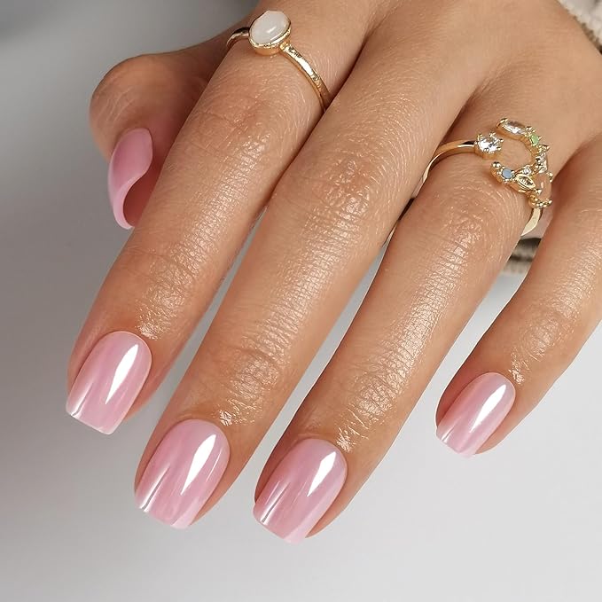 Pink Chrome Press on Nails Square - Soft Gel Press on Nails Short for Women Gift, Glossy Stick on Nails with Glue in 16 Sizes - 32 Reusable Fake Nails, Aurora Light Pink