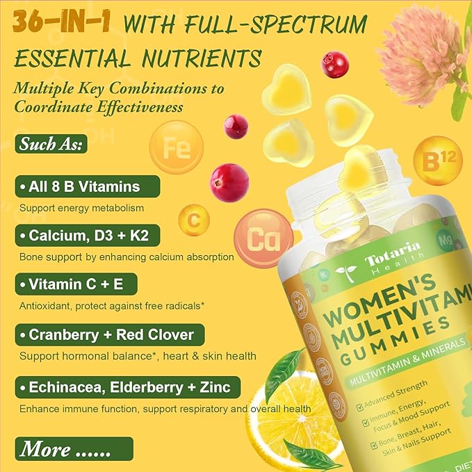 Totaria Sugar Free Multivitamin Gummies for Women 14+ w/Iron, Bariatric Multivitamin, Inositol, Folate, Biotin, Womens Daily Gummy w/Vitamin A, D, C, B, for Hair, Skin, Energy, Immune, Lemon Flavor