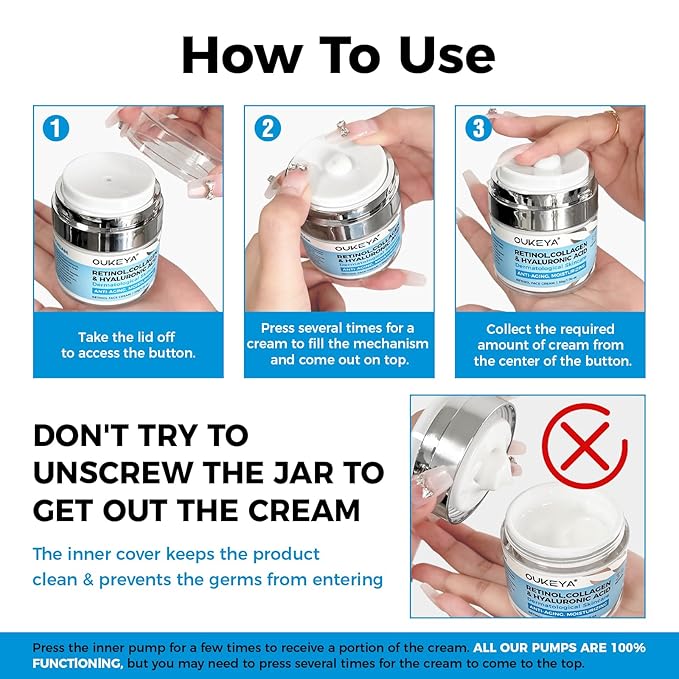 OUKEYA Retinol Cream for Face,Wrinkle for Women, Anti-Aging Moisturizer, Neck Firming & Décolleté, Moisturizer Face Cream, Day Night with 5% Hyaluronic Acid