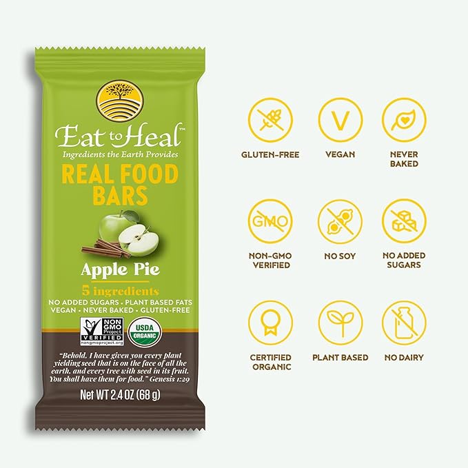 EatToHeal Apple Pie Real Food Bar - Organic Dates & Oats, Gluten Free Vegan Healthy Protein Bars - Low Sugar Meal Replacement Bar, Non GMO, Never Baked, Plant Based - Crafted to Enjoy