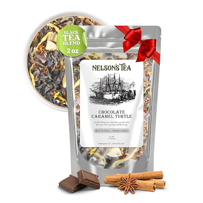 Nelson's Tea - Chocolate Caramel Turtle Loose Leaf Tea - Blend of Red Rooibos, Cinnamon Chips, Marigold Petals, Caramel Pieces, Chocolate Chips-Unwrap Sweet Tea Indulgence in Every Tea Cup - 2 oz