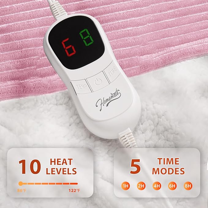 Homemate Electric Heated Blanket Twin Size - 62"x84" Heating Blanket Twin Size 1/2/4/6/8 Hours Auto-Off 10 Heat Level Over-Heat Protection Soft Flannel Sherpa ETL Certification
