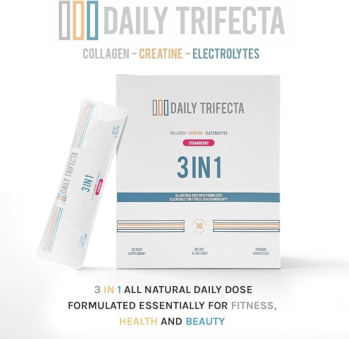 Daily Trifecta 3-in-1 Collagen, Creatine & Electrolyte Stick Packs | Type I Collagen, Creatine Monohydrate, Zero Sugar | 30 Natural Single-Serve Packets | Strength, Hydration & Recovery (Strawberry)