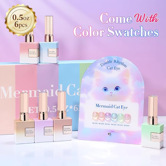 Double Rhythm Cat Eye Gel Nail Polish Set of 6 Same Color Same Bottle 0.5 Oz Shimmer Glitter with Magnet Holographic Reflective Magnetic UV Nail Polish Kit at Home (Nude Pink Green Purple-T6-29)