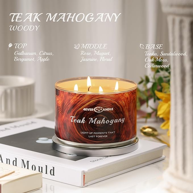 Soy Wax Blend Candle for Home, 4-Wick Candles in Teakwood & Mahogany Scented, Aromatherapy Candles Gift for Parties, Relaxing, Over 50 Hours of Burn Time, 18oz