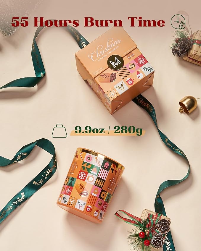 M&SENSE Gingerbread Cookie Christmas Candle, Natural Soy Wax 9.9oz 55 Hours Long Lasting Burn, Caramel Cinnamon Holiday Scented Candle for Home, Winter Scent Christmas Gift for Women Family Friends