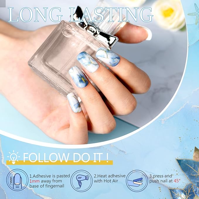 Marble Press on Nails Short Square GLAMERMAID, Blue Gold Acrylic Fake Nails with Design Luxury Stick Glue on Nails Reusable Glossy False Nail Sets, 48Pcs Adhesive Tabs Nail File, Cuticle Stick
