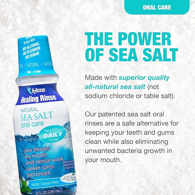 H2Ocean Healing Rinse Mouthwash - Great Tasting Sea Salt & Xylitol Mouth Wash for Fresh Breath & Dry Mouth - Alcohol & Fluoride Free - Arctic Ocean Mint 8oz (Pack of 2)