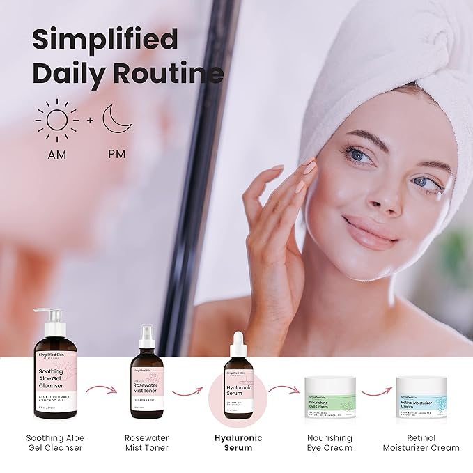 Simplified Skin Hyaluronic Acid Face Serum – Hydrating, Plumping & Youthful Skin - Anti-Aging Formula with Vitamin C, Jojoba Oil & Green Tea – 2 Fl Oz