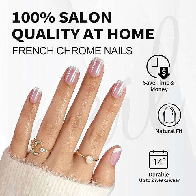 Chrome White French Tip Press on Nails Short - Soft Gel Square Press on Nails for Women Gift, Glossy Glue on Nails in 16 Sizes - 32 Reusable Fake Nails Kit with Glue, Aurora French