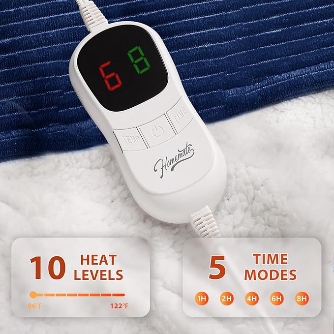 Homemate Heated Blanket Electric Throw - 50"x60" Heating Blanket Throw 1/2/4/6/8 Hours Auto-Off 10 Heat Levels Over-Heat Protection Soft Flannel Sherpa ETL Certification