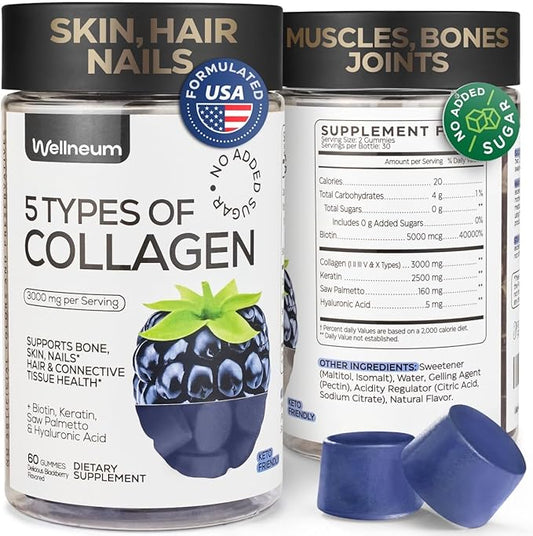Collagen Peptide Gummies for Women and Men - Collagen Gummy Supplement for Healthy Hair, Skin, Nails and Bones - Hyaluronic Acid, Biotin, Keratin, Saw Palmetto - Sugar Free, No GMO and Gluten, 60 Pcs