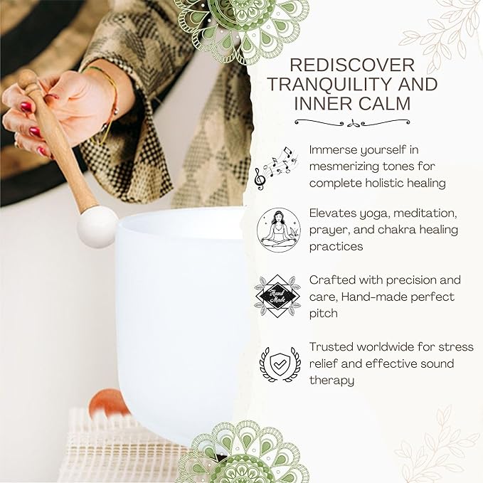 7 inch White A Note Third Eye Chakra Quartz Crystal Singing Bowl, for Healing Mindfulness Meditation Yoga Sound Baths, with Rubber Mallet O-ring